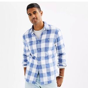 Sonoma Flannel Button-Down Shirt Heather Buffalo Blue Checkered L NWT